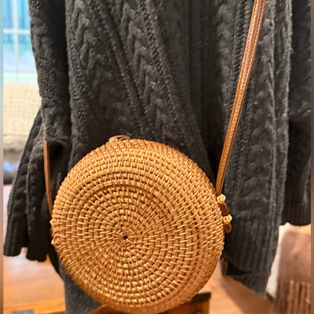 Round Woven Tan Crossbody Bag